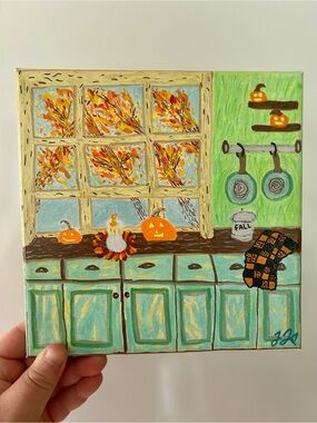 Original One Of A Kind Autumn/Fall Painting “Cozy Fall Kitchen” 8x8 Fall Vibes